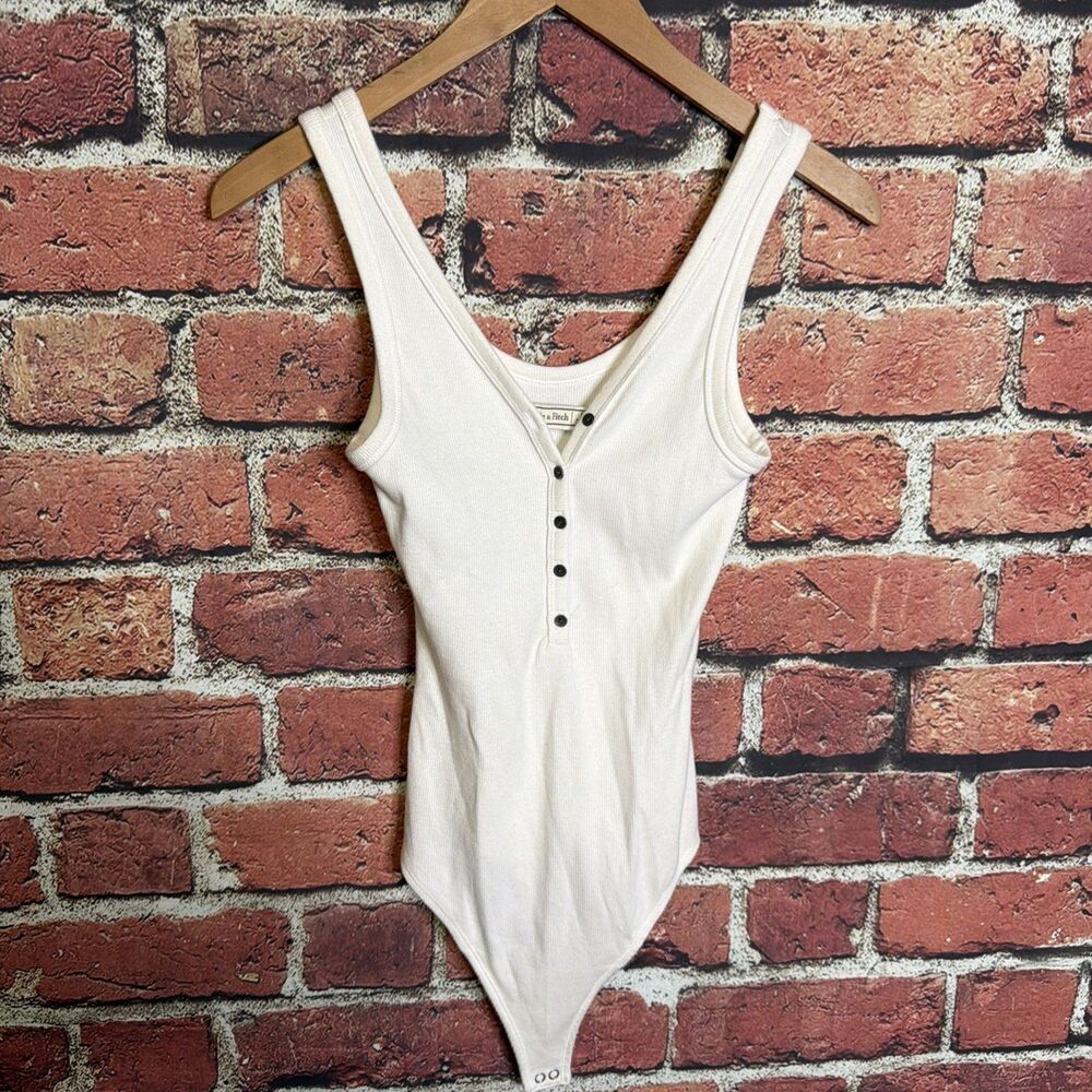 Abercrombie & Fitch Womens Small White Ribbed Henley Bodysuit Soft Collection